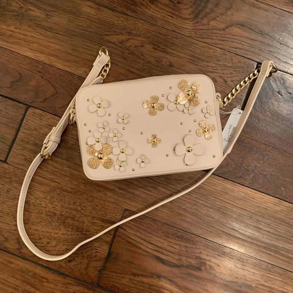 Ivory rectangle crossbody purse with gold flowers